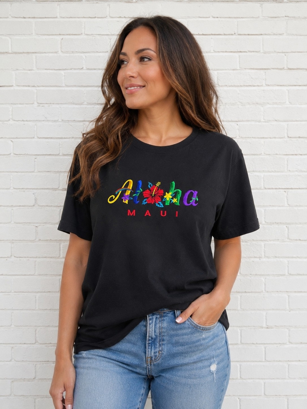 Cotton Soft Aloha Maui Embroidered Graphic Tee Black Floral T-Shirt Size L